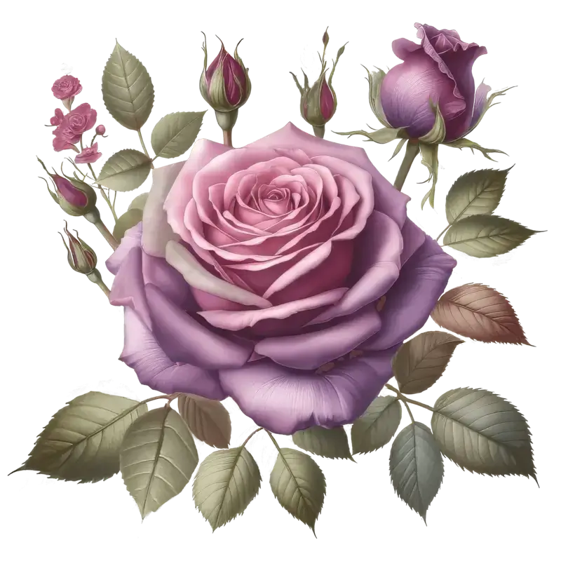 Vintage Purple and Pink Rose Clipart with Buds and Leaves