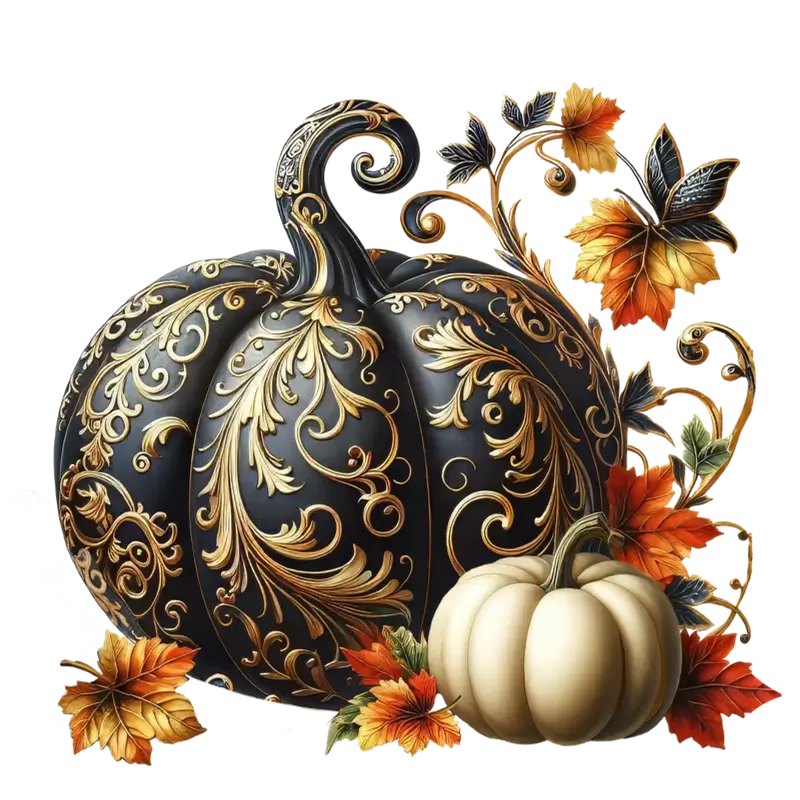 Elegant Black and Gold Pumpkin Clipart with Autumn Leaves! (PNG and SVG)